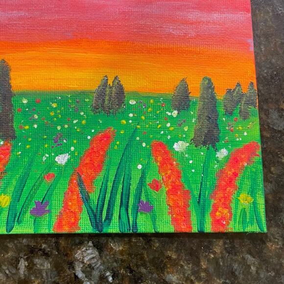 Handmade acrylic painting landscape wild flowers 5X7 - Picture 4 of 4